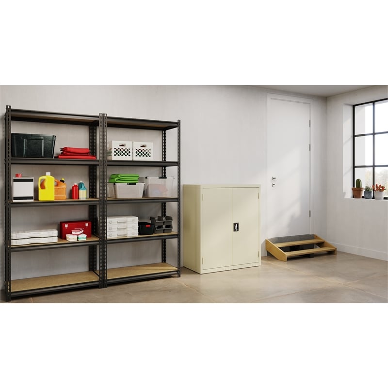 Pemberly Row Welded Metal Storage Cabinet with 2 Shelves Putty/Beige