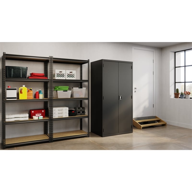 Pemberly Row Welded Metal Storage Cabinet with 4 Adjustable Shelves in Black