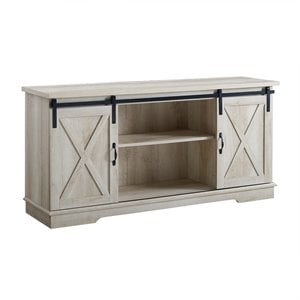 Pemberly Row 58&quot Farmhouse Wood TV Stand w/ Sliding Barn Doors - Solid White Oak