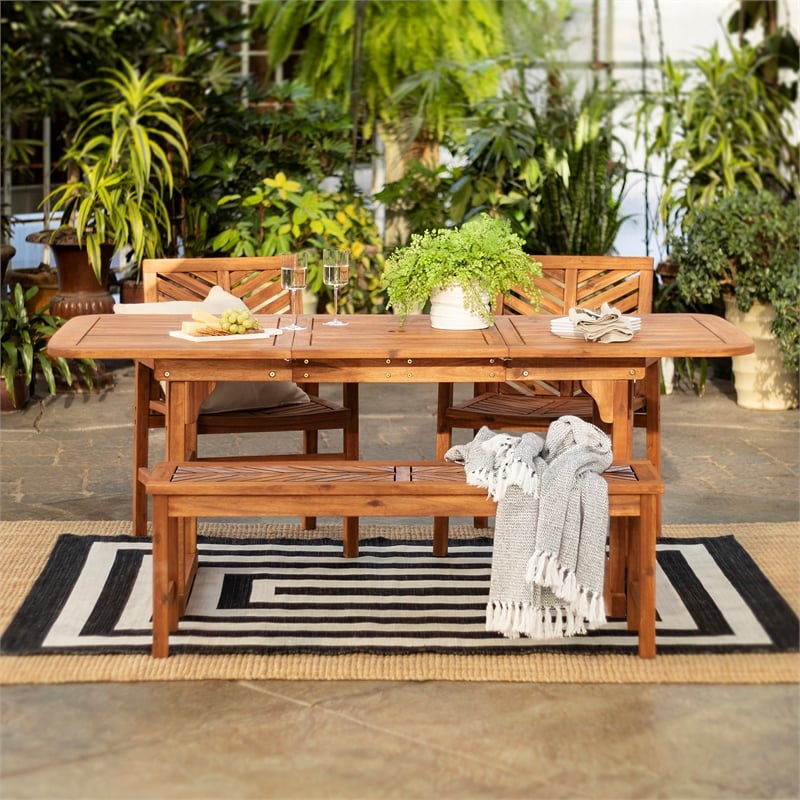 Pemberly Row 4-Piece Wood Extendable Outdoor Patio Dining Set - Brown