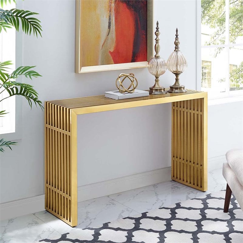Pemberly Row Modern Stainless Steel Accent Console Table in Gold