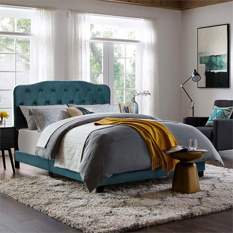 Pemberly Row Full Modern Performance Velvet Bed in Sea Blue Finish