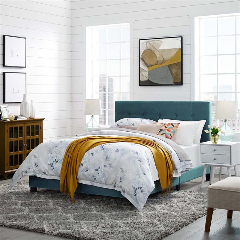 Pemberly Row Queen Modern Style Performance Velvet Bed in Sea Blue