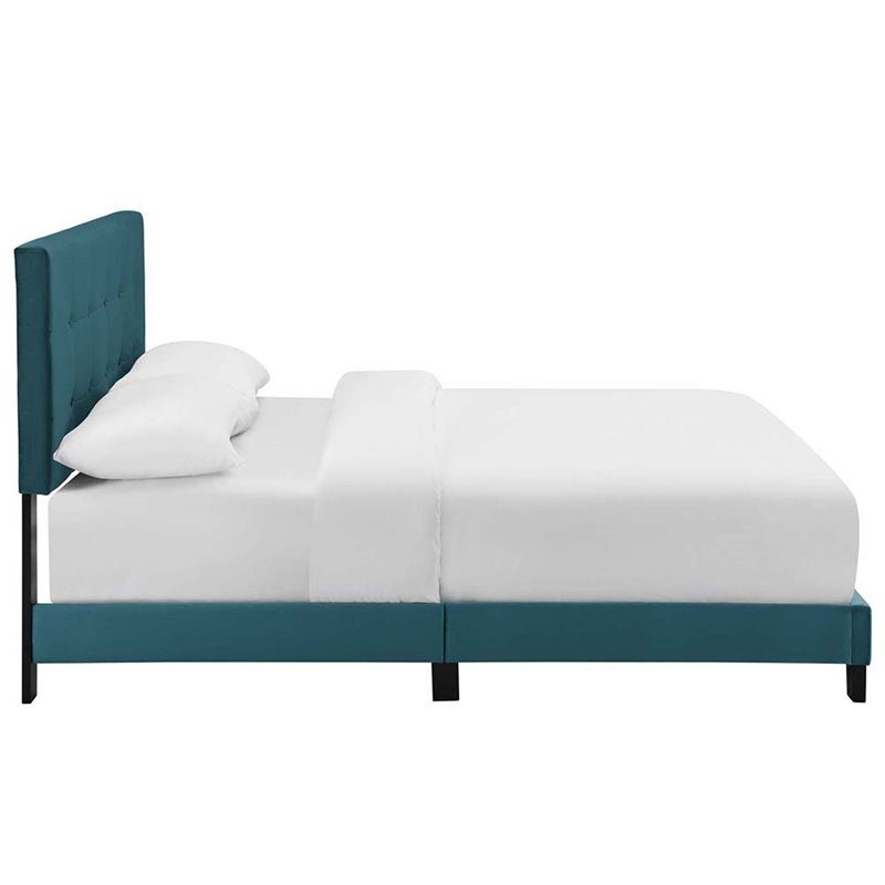 Pemberly Row Queen Modern Style Performance Velvet Bed in Sea Blue