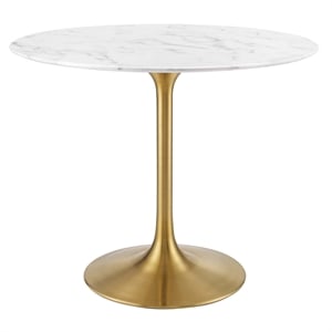 Pemberly Row 36&quot Round Faux Marble & Metal Dining Table in Gold and White