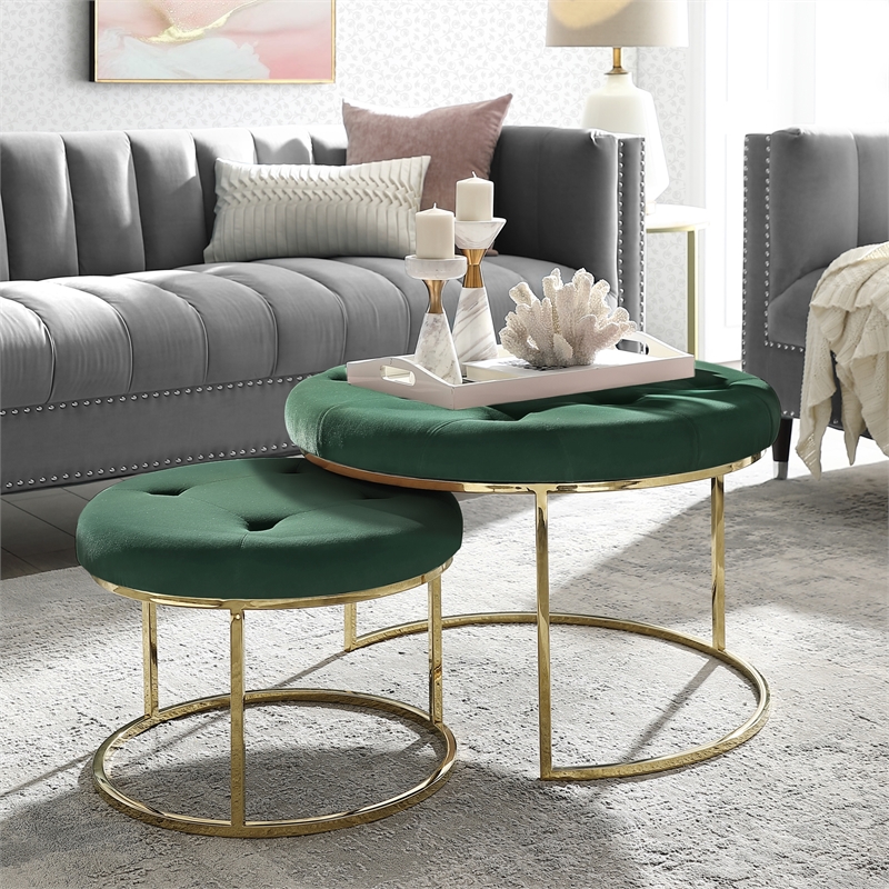 Pemberly Row Tufted Velvet Nesting Ottoman in Green/Gold (Set of 2)