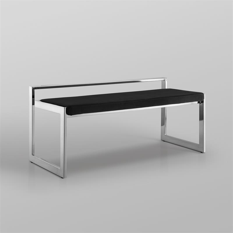 Pemberly Row Velvet and Stainless Steel Base Bench in Black/Chrome
