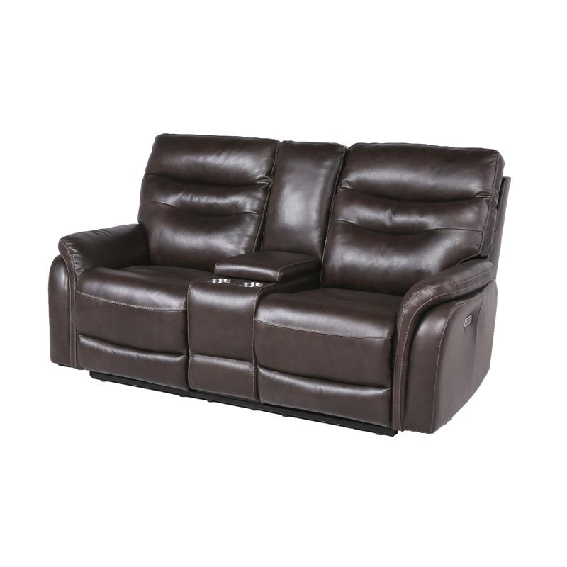 Pemberly Row Dark Brown Espresso Leather Power Recliner Console Loveseat