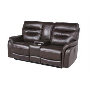 Pemberly Row Dark Brown Espresso Leather Power Recliner Console Loveseat