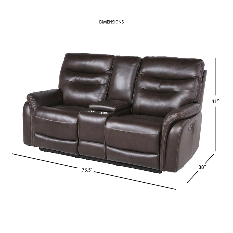 Pemberly Row Dark Brown Espresso Leather Power Recliner Console Loveseat