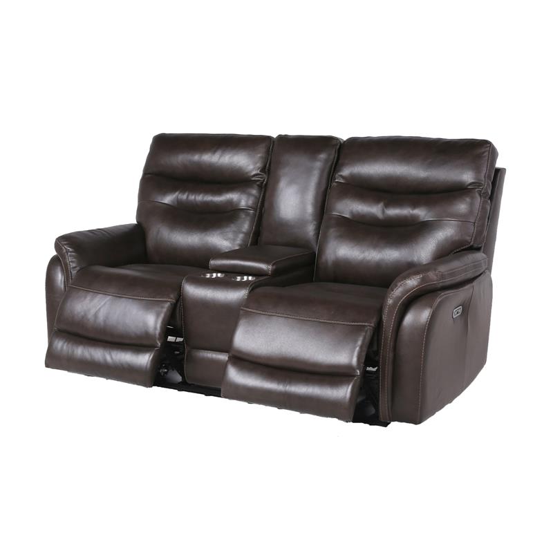 Pemberly Row Dark Brown Espresso Leather Power Recliner Console Loveseat