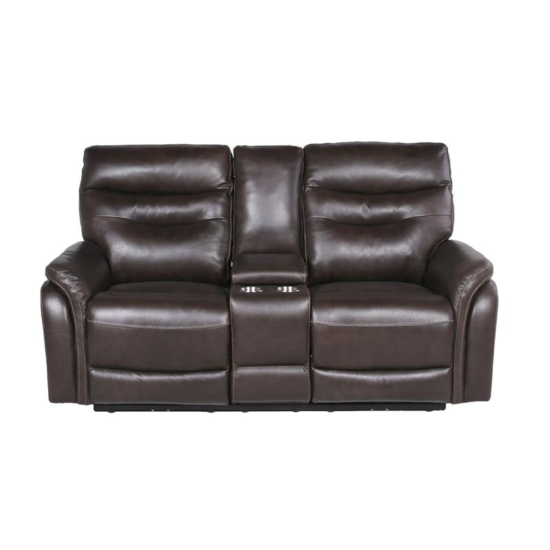 Pemberly Row Dark Brown Espresso Leather Power Recliner Console Loveseat