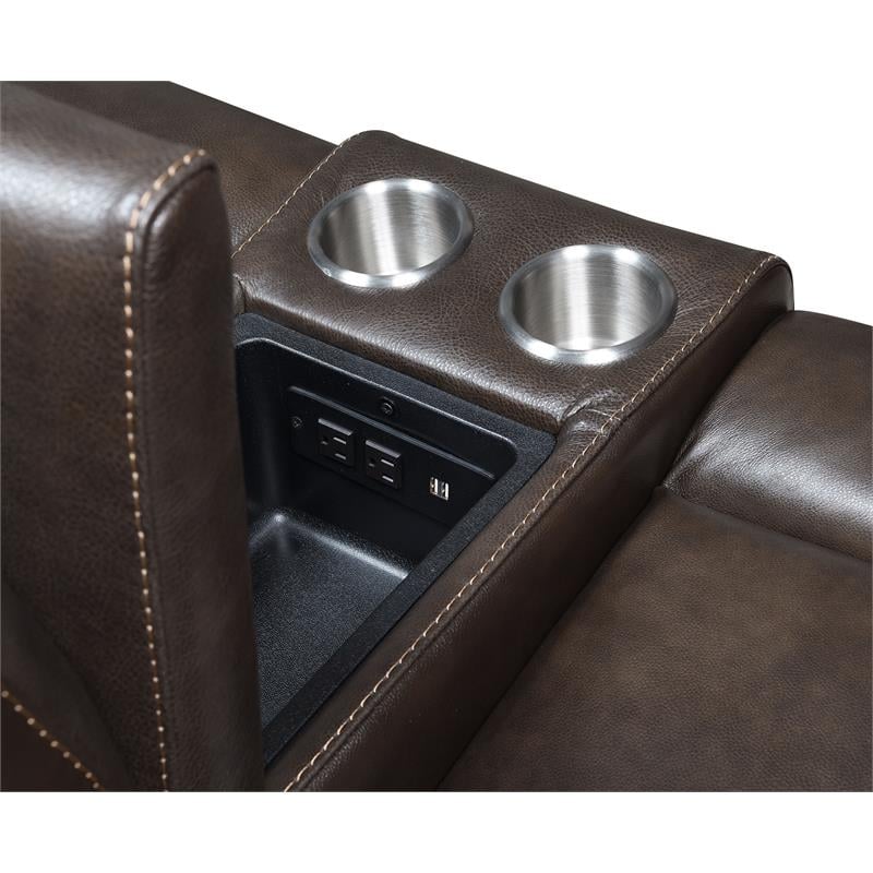 Pemberly Row Dark Brown Espresso Leather Power Recliner Console Loveseat