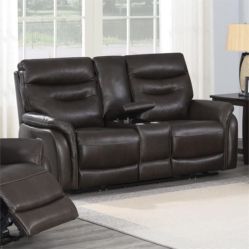 Pemberly Row Dark Brown Espresso Leather Power Recliner Console Loveseat