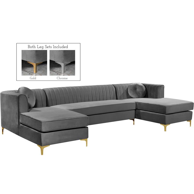 Pemberly Row Modern / Contemporary 3pc Velvet Sectional in Gray