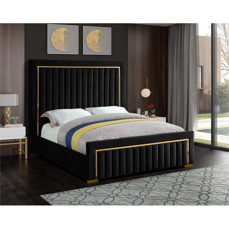 Pemberly Row Modern Solid Wood and Velvet Queen Bed in Black