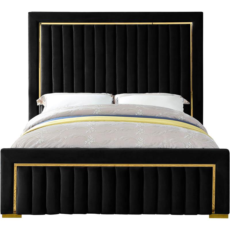 Pemberly Row Modern Solid Wood and Velvet Queen Bed in Black