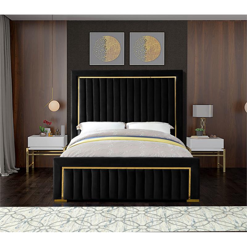 Pemberly Row Modern Solid Wood and Velvet Queen Bed in Black