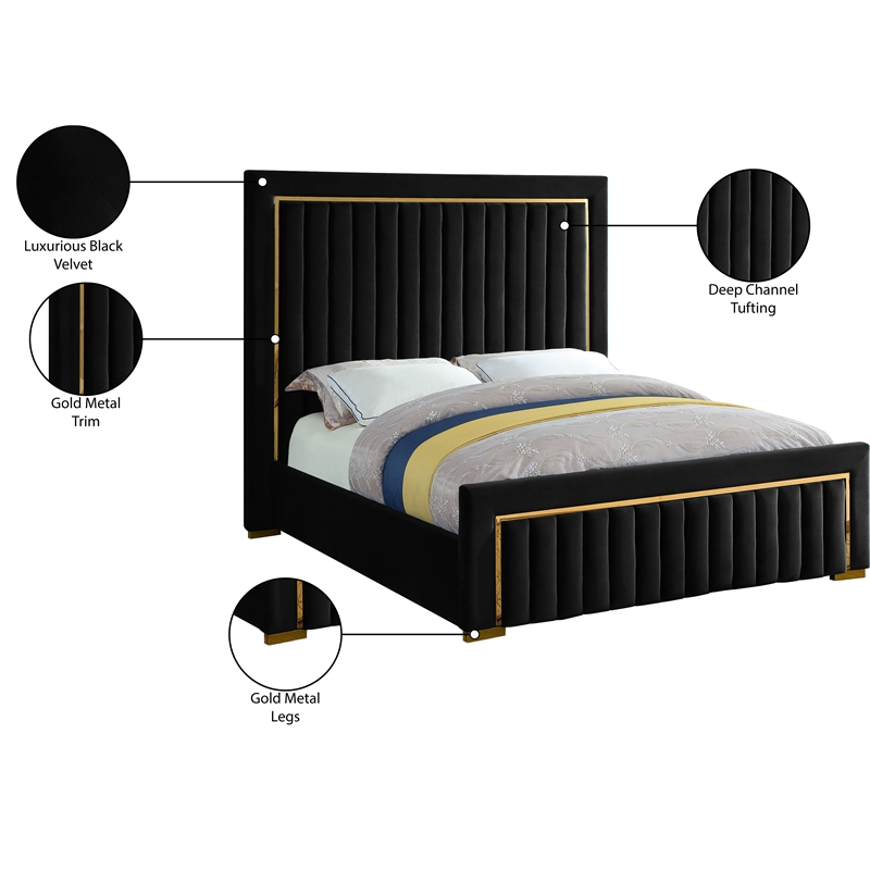 Pemberly Row Modern Solid Wood and Velvet Queen Bed in Black