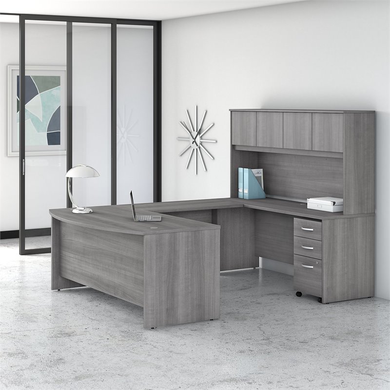 Pemberly Row Engineered Wood 72W U Shaped Desk w/ Hutch and File Cabinet - Gray
