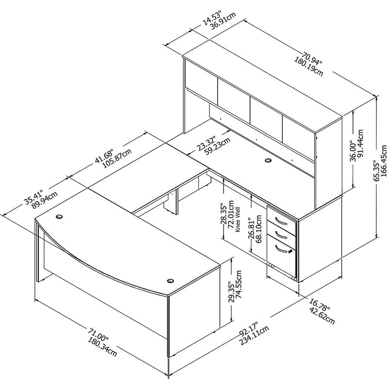 Pemberly Row Engineered Wood 72W U Shaped Desk w/ Hutch and File Cabinet - Gray