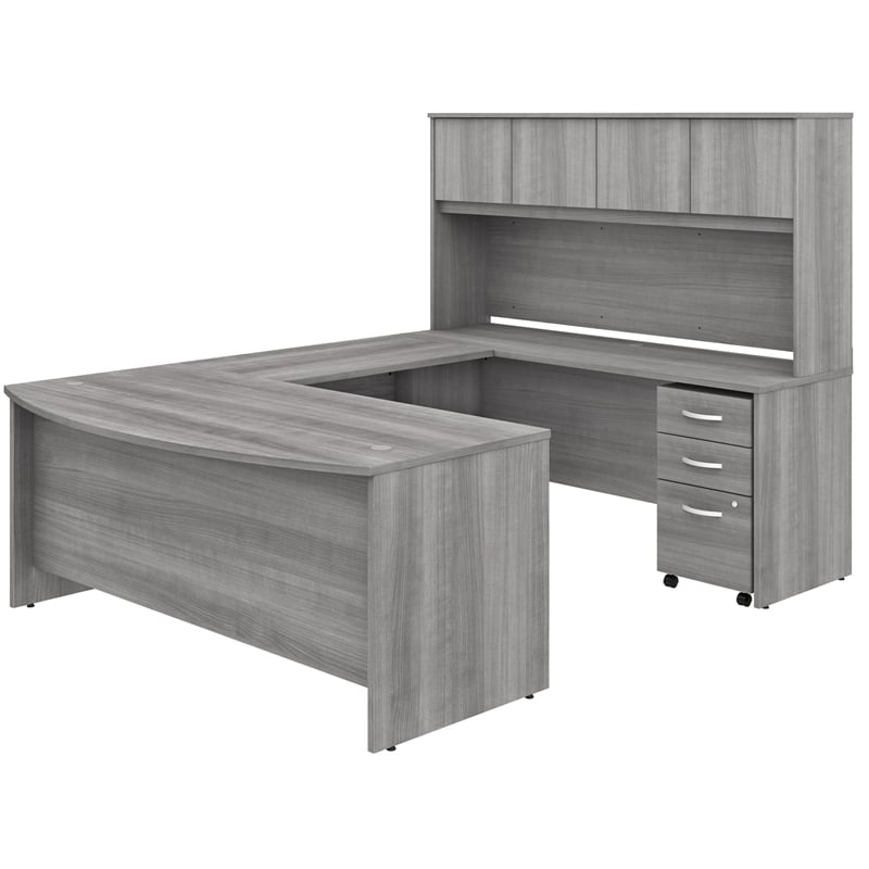 Pemberly Row Engineered Wood 72W U Shaped Desk w/ Hutch and File Cabinet - Gray