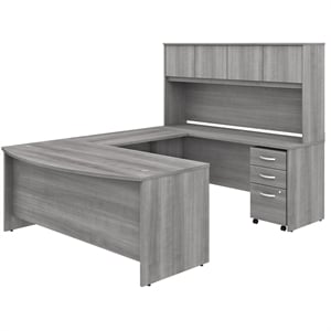 Pemberly Row Engineered Wood 72W U Shaped Desk w/ Hutch and File Cabinet - Gray
