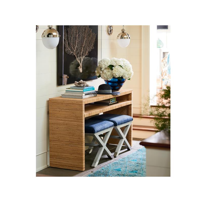Pemberly Row Wood Natural Cane Long Key Console Table in Tan Rattan