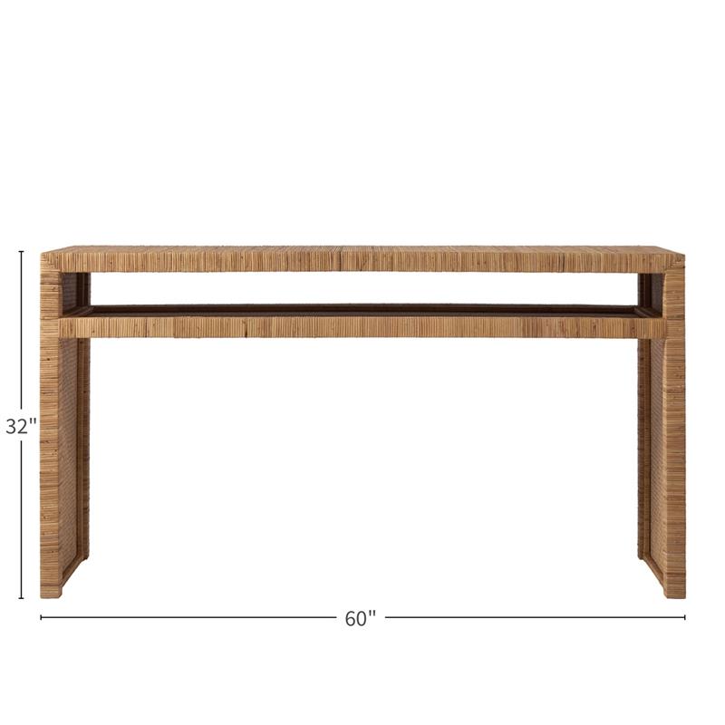 Pemberly Row Wood Natural Cane Long Key Console Table in Tan Rattan