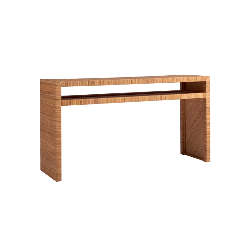 Pemberly Row Wood Natural Cane Long Key Console Table in Tan Rattan