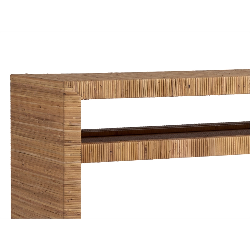 Pemberly Row Wood Natural Cane Long Key Console Table in Tan Rattan