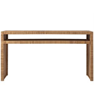 Pemberly Row Wood Natural Cane Long Key Console Table in Tan Rattan