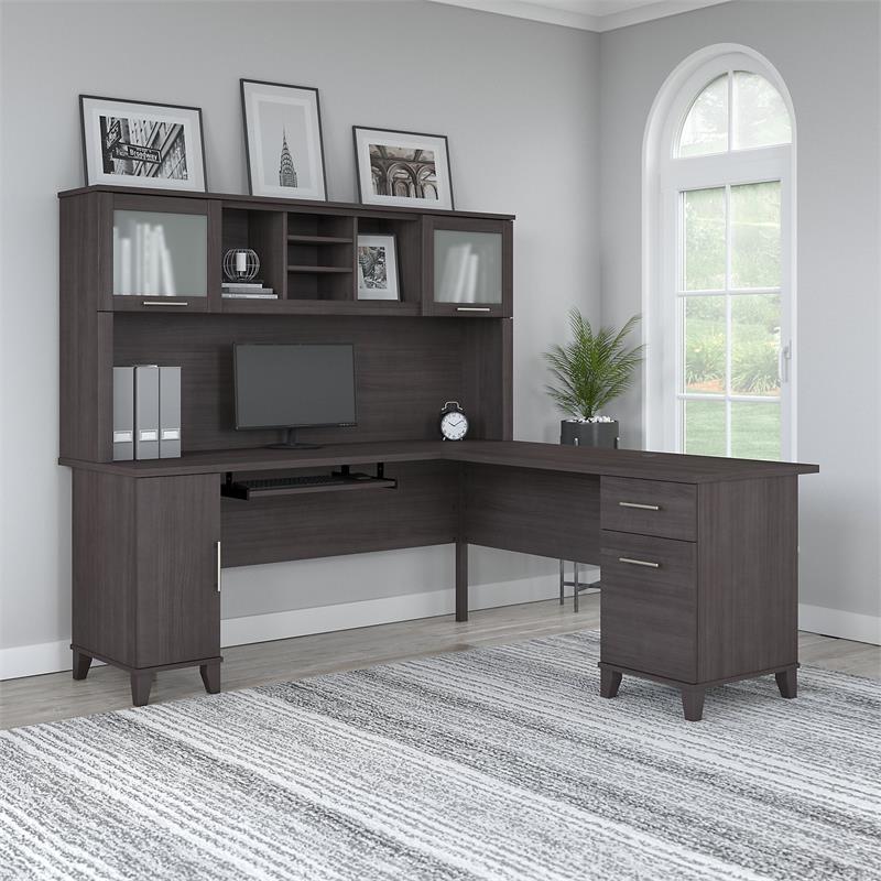 Pemberly Row 72W L Shaped Desk with Hutch in Storm Gray - Engineered Wood