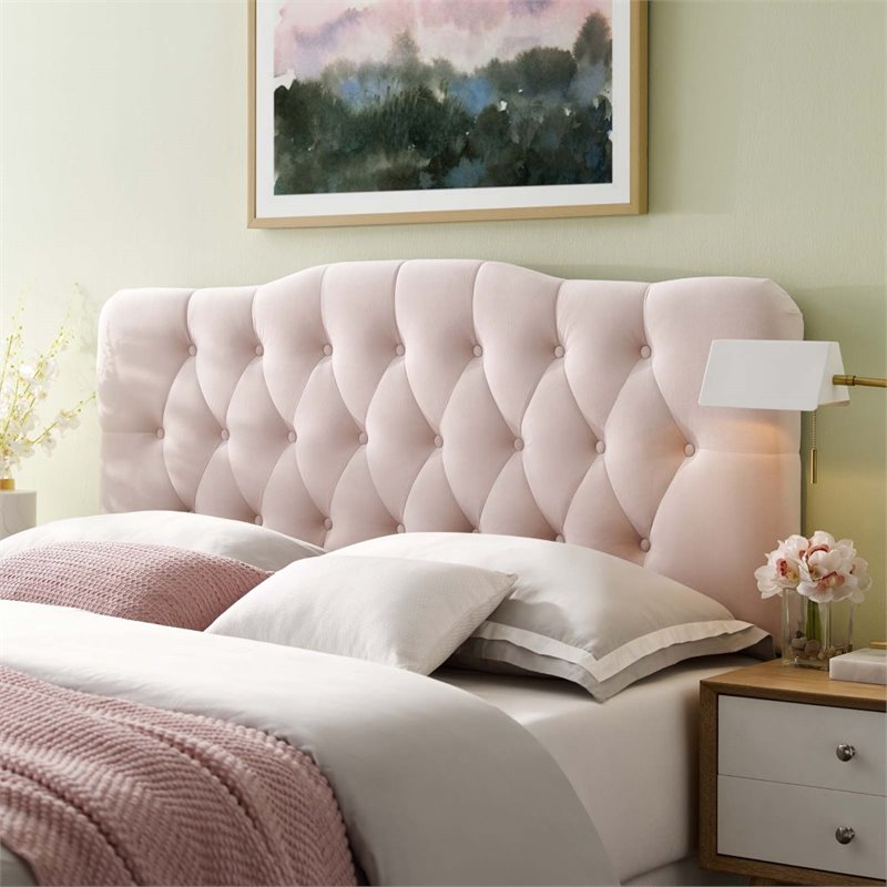 Pemberly Row King Diamond Tufted Performance Velvet Headboard in Pink