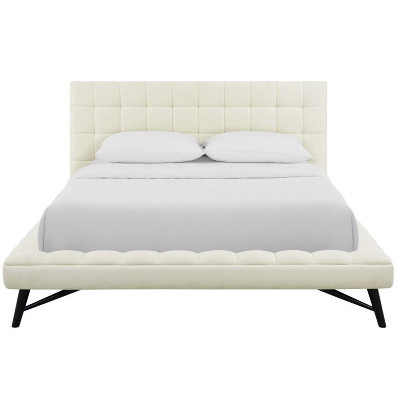 Pemberly Row Queen Biscuit Tufted Upholstered Fabric Platform Bed in Ivory