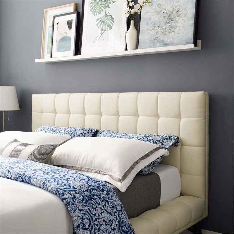 Pemberly Row Queen Biscuit Tufted Upholstered Fabric Platform Bed in Ivory