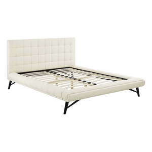 Pemberly Row Queen Biscuit Tufted Upholstered Fabric Platform Bed in Ivory