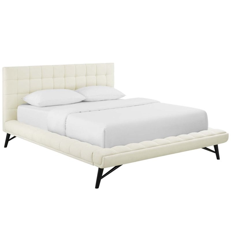 Pemberly Row Queen Biscuit Tufted Upholstered Fabric Platform Bed in Ivory