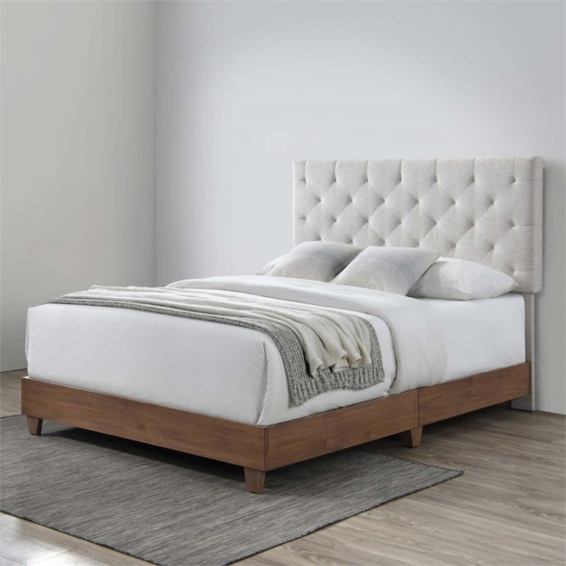 Pemberly Row Diamond Tufted Upholstered Fabric Wood Queen Bed in Walnut/Beige