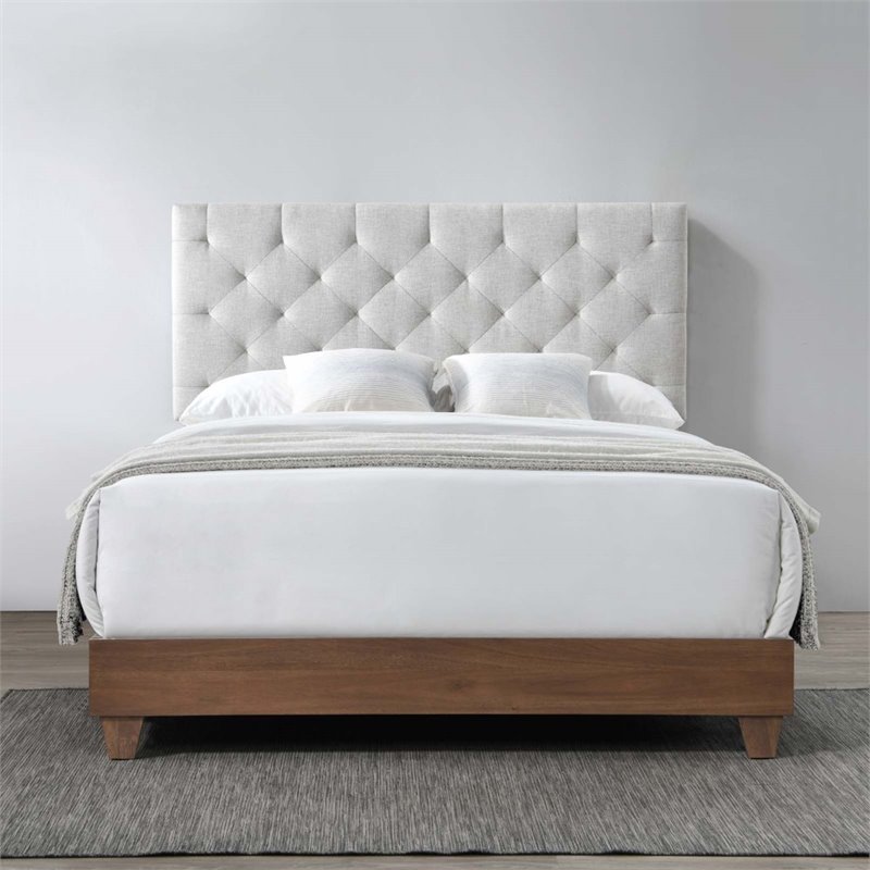 Pemberly Row Diamond Tufted Upholstered Fabric Wood Queen Bed in Walnut/Beige