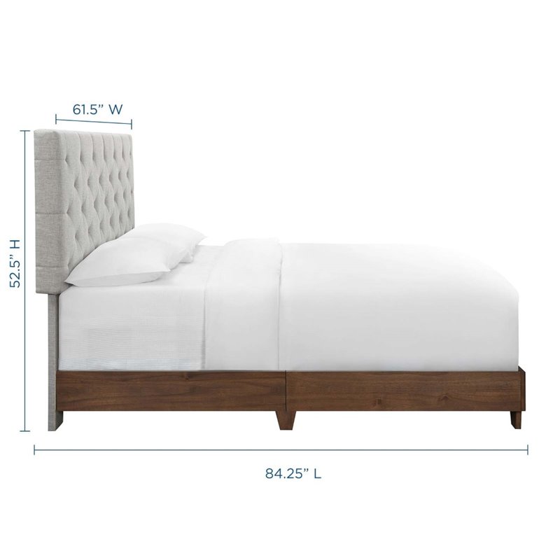 Pemberly Row Diamond Tufted Upholstered Fabric Wood Queen Bed in Walnut/Beige