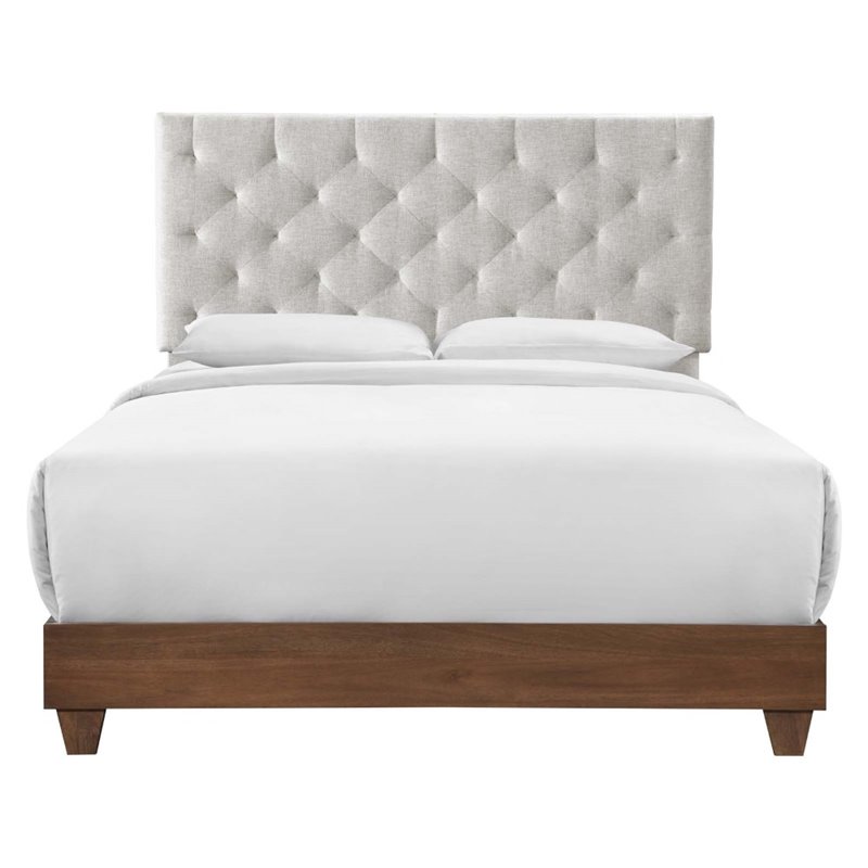 Pemberly Row Diamond Tufted Upholstered Fabric Wood Queen Bed in Walnut/Beige