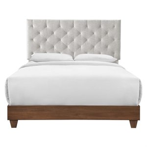 Pemberly Row Diamond Tufted Upholstered Fabric Wood Queen Bed in Walnut/Beige