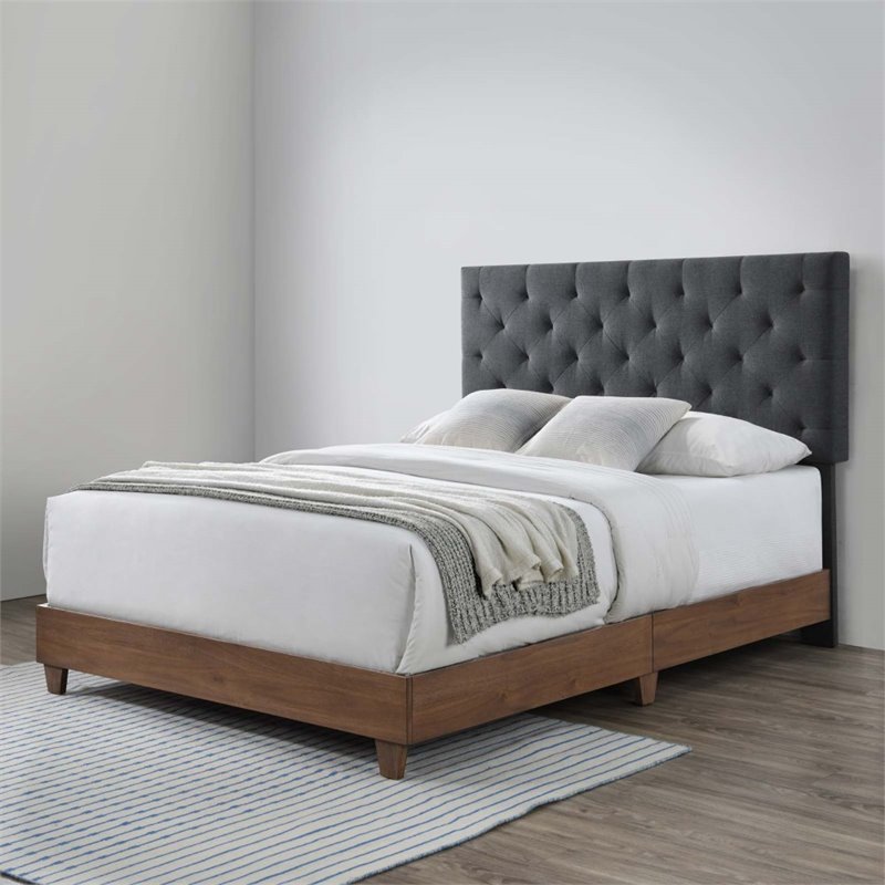 Pemberly Row Diamond Tufted Upholstered Fabric Wood Queen Bed in Walnut/Gray