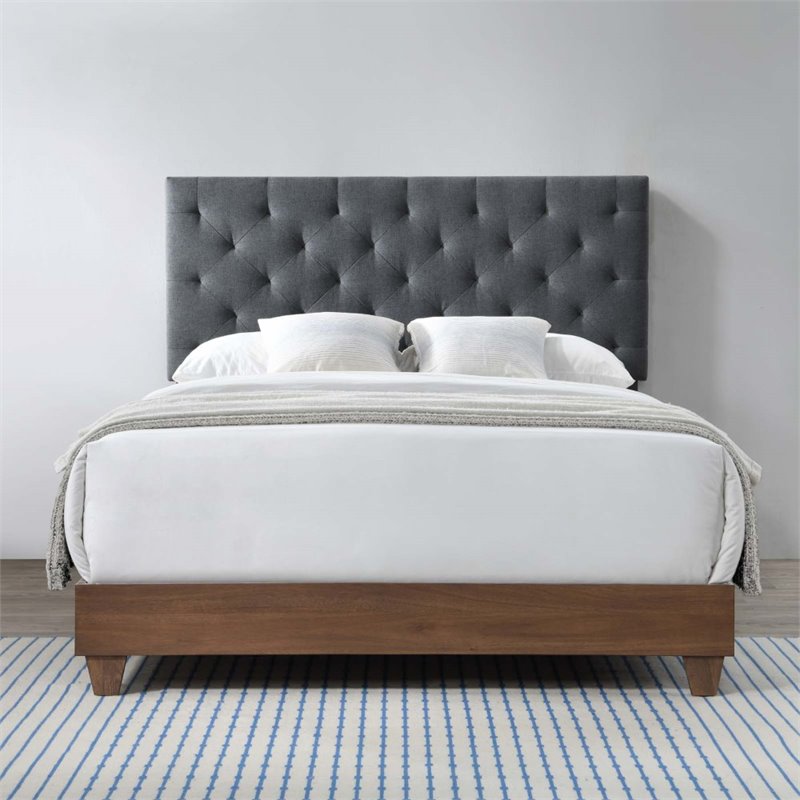 Pemberly Row Diamond Tufted Upholstered Fabric Wood Queen Bed in Walnut/Gray