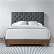 Pemberly Row Diamond Tufted Upholstered Fabric Wood Queen Bed in Walnut/Gray