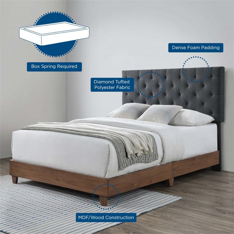 Pemberly Row Diamond Tufted Upholstered Fabric Wood Queen Bed in Walnut/Gray