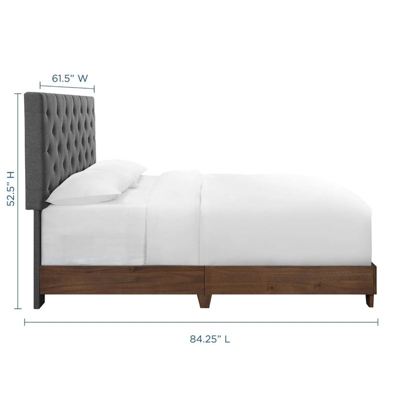 Pemberly Row Diamond Tufted Upholstered Fabric Wood Queen Bed in Walnut/Gray