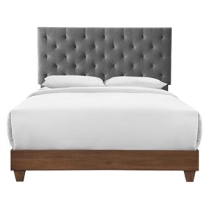 Pemberly Row Diamond Tufted Upholstered Fabric Wood Queen Bed in Walnut/Gray