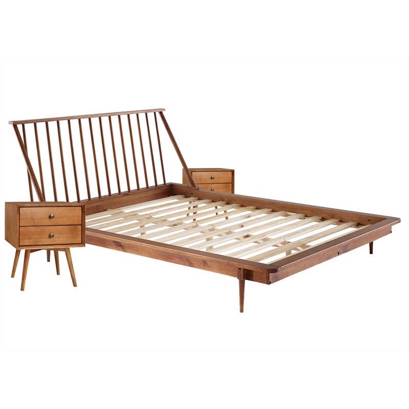 Pemberly Row 3-Pc Bedroom Set Spindle Bed + Two 2-drawer nightstands - Caramel